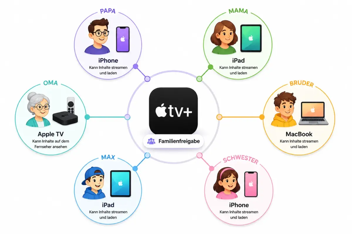 Apple TV+ Passwort-Sharing: Was sich geändert hat, wer noch mitschauen darf und wie Apple den Zugriff kontrolliert 1 Kann man Apple TV+ kostenlos mit Familienmitgliedern teilen?