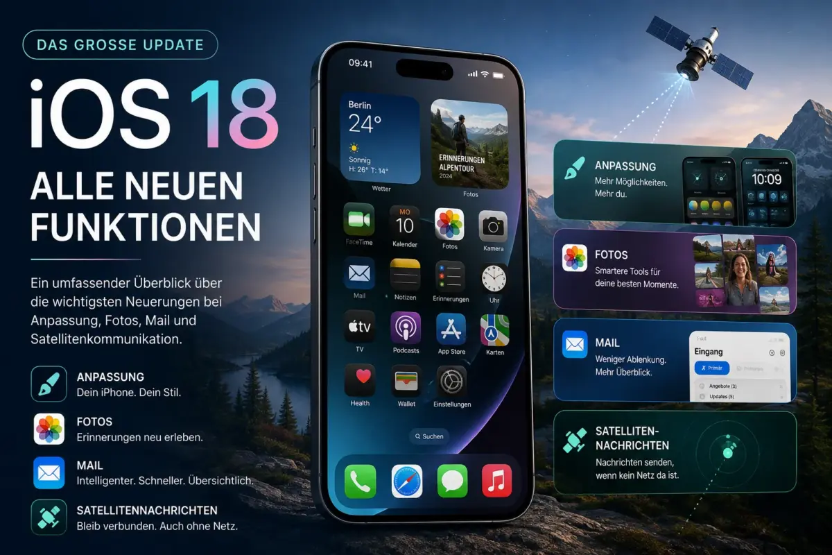 iOS 18: Alle neuen Funktionen zu Anpassung, Fotos, Mail und Satellit 1 Professional landscape hero image (). Modern design, , , aesthetic. Background imagery relevant to: iOS 18 Features: