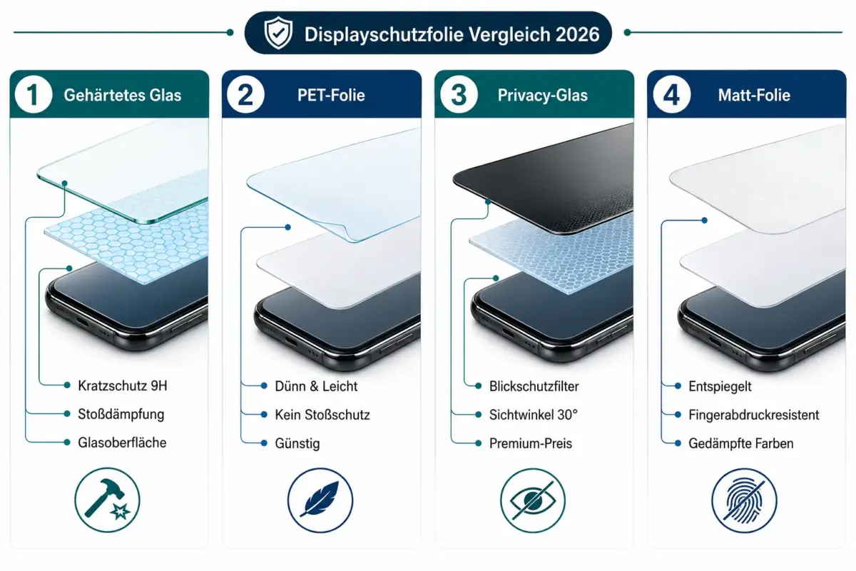 Beste iPhone-Schutzgläser 2026: Glas, Folie und Privacy im Vergleich 1 Was ist der Unterschied zwischen gehärtetem Glas und Folie beim iPhone?