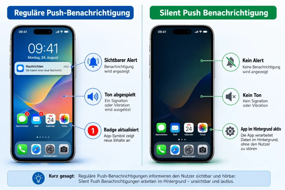 Silent Push Notifications auf dem iPhone für Hintergrund-Updates senden 2 Was ist der Unterschied zwischen Silent und regularen Push Notifications?
