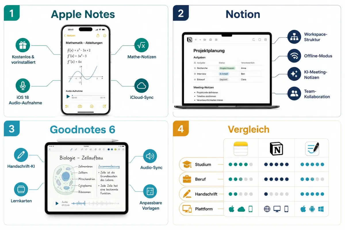Was unterscheidet Apple Notes, Notion und Goodnotes?
