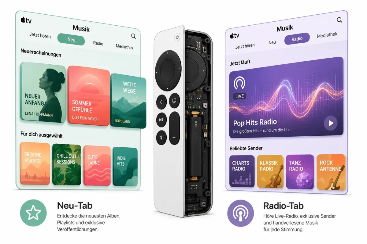 Trending-Songs auf Apple TV entdecken: die Tabs „Neu“ und „Radio“ der Musik-App nutzen 1 Wie finde ich trendende Songs auf Apple TV mit der Musik-App