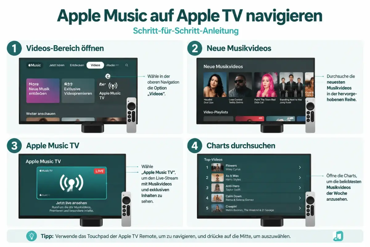 Angesagte Apple Music Songs und Videos auf Apple TV entdecken 1 Wie funktioniert das Entdecken angesagter Apple Music Songs und Videos auf Apple TV?