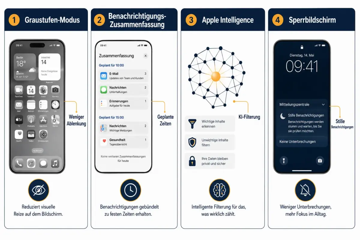 Beste iOS 27-Einstellungen für ein ablenkungsarmes iPhone: Darstellung, Mitteilungen und KI-Steuerung 2 Beste iPhone-Displayeinstellungen zur Reduzierung von Augenbelastung