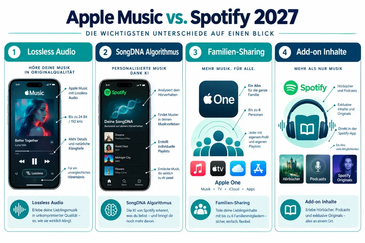 Apple Music vs. Spotify 2026: Preis, Klang, Entdeckung und Vorteile 1 Klingt Apple Music besser als Spotify? Lossless- und Spatial-Audio-Vergleich