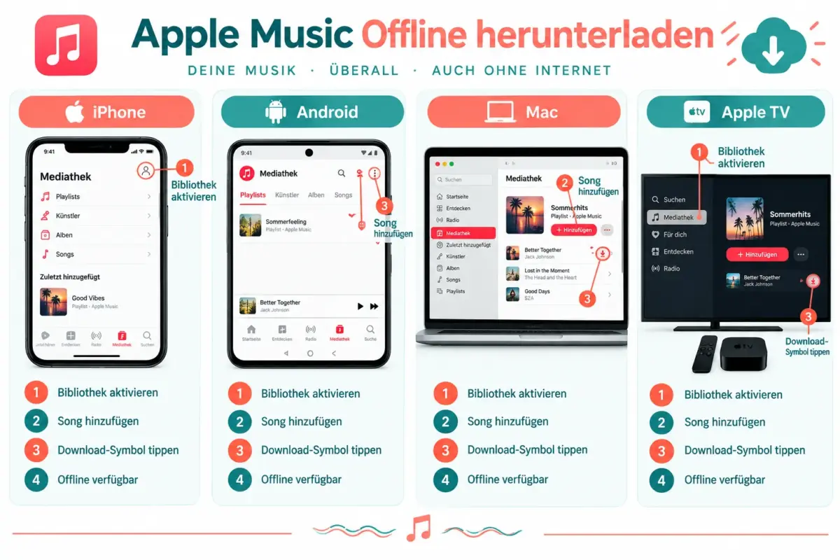 Schritt-für-Schritt: So lädst du Apple Music Songs für die Offline-Wiedergabe auf iPhone, Android, Mac und Apple TV herunter