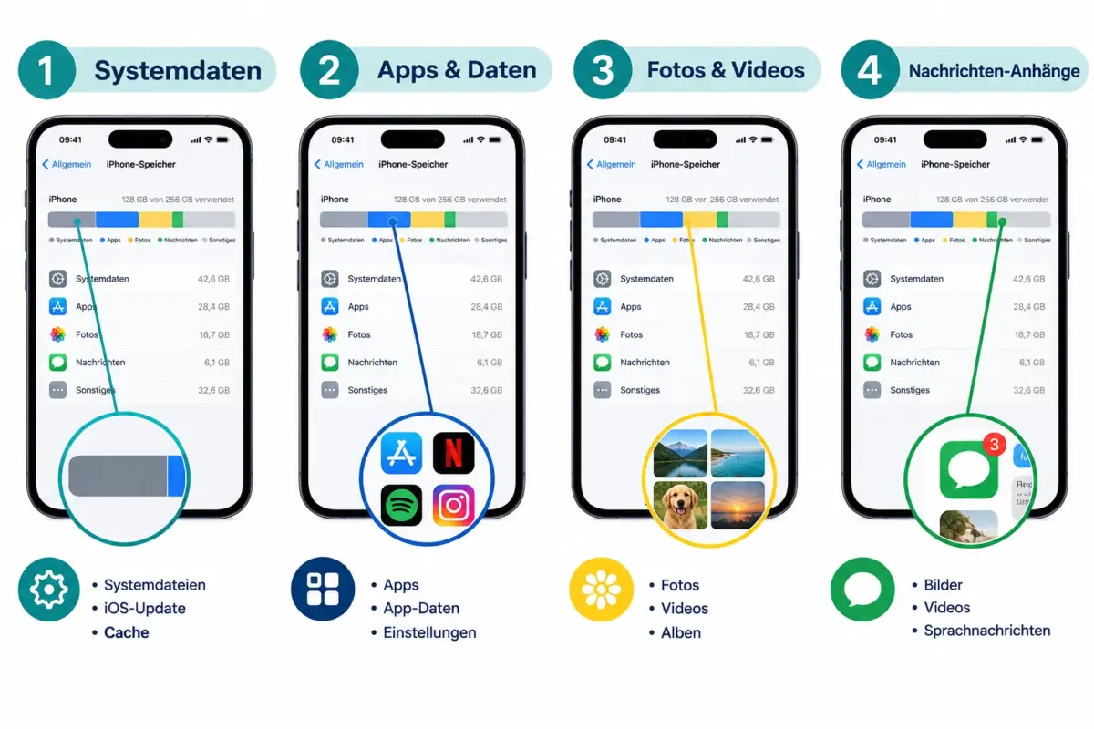 Warum der iPhone-Speicher voll ist, obwohl Apps gelöscht wurden: Systemdaten, Nachrichten-Medien und iCloud-Sync verstehen 1 Warum ist der iPhone-Speicher voll, obwohl alle Apps gelöscht wurden?