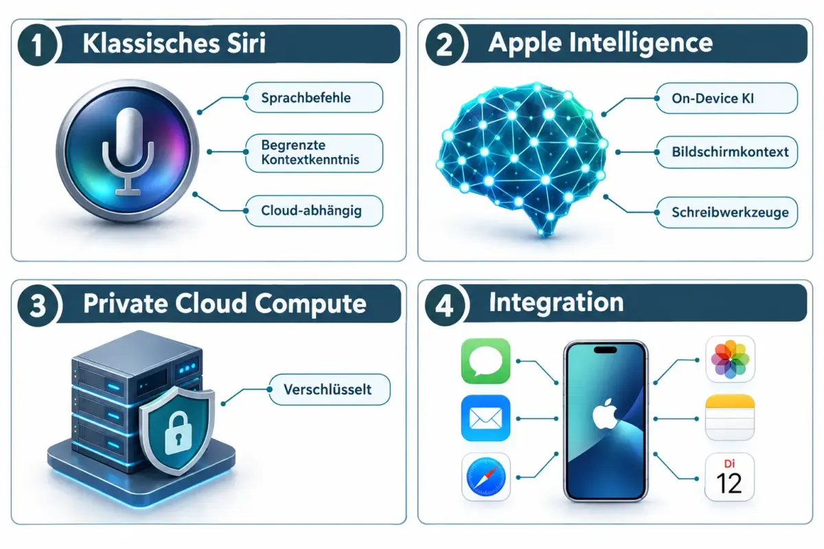 Siri AI und Apple Intelligence auf dem iPhone: Funktionen, Datenschutz und Kompatibilität 1 Was ist Apple Intelligence und wie unterscheidet es sich von Siri?