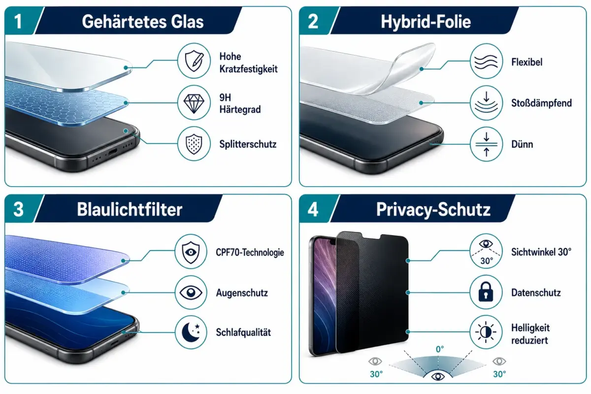 Beste iPhone-Schutzfolien 2026: Panzerglas vs. Hybrid, Blaulichtfilter und Privacy-Schutz 1 Was ist der Unterschied zwischen gehärtetem Glas und Hybrid-Schutzfolien?