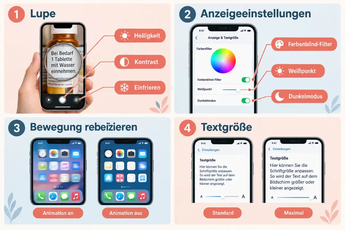 iOS-Bedienungshilfen im Überblick: VoiceOver, Lupe, Anzeige und eigene Gesten 2 Welche Anzeigeeinstellungen helfen bei Sehproblemen auf dem iPhone?