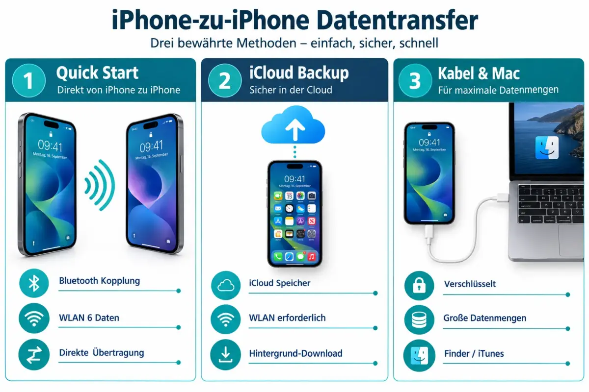 Daten zwischen iPhones übertragen 2026: Quick Start, iCloud und Kabel im Vergleich 1 Welche Methode ist am schnellsten beim Übertragen von iPhone-Daten?