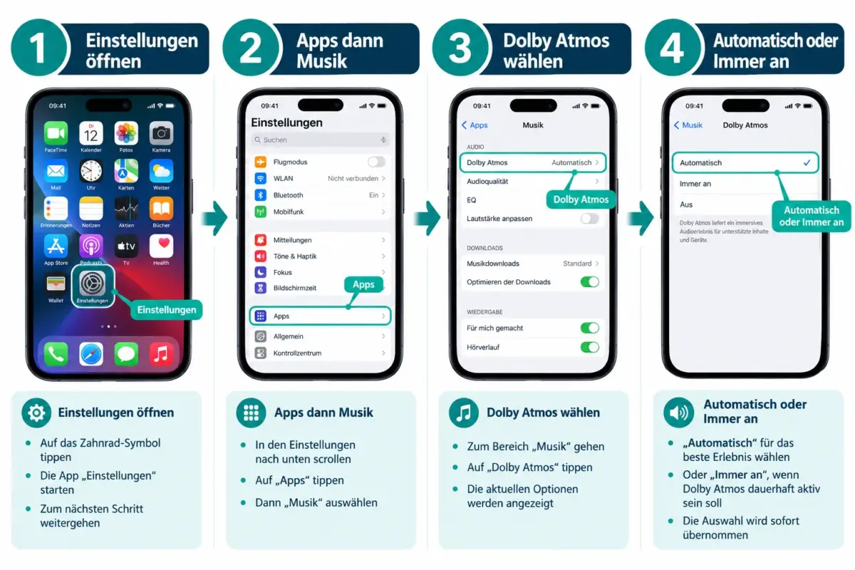 Apple Music Spatial Audio mit Dolby Atmos: Einrichten und Kompatibilität prüfen 1 Wie aktiviere ich Spatial Audio in den Apple-Music-Einstellungen?