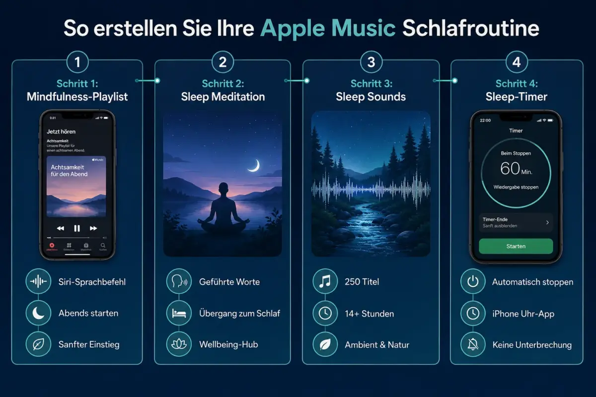Apple Music Sleep Sounds für Meditation: So baust du eine Abend- oder Achtsamkeitsroutine auf 1 Wie baut man mit Apple Music Sleep Sounds eine Schlafroutine auf?