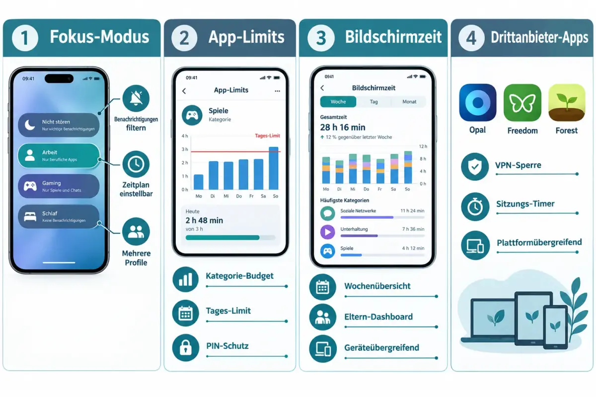 Die besten iOS-Fokus- und Ablenkungsblocker-Apps: Bildschirmzeit, App-Limits und Drittanbieter-Tools im Vergleich 1 Wie funktioniert Bildschirmzeit beim Sperren von Apps auf dem iPhone?