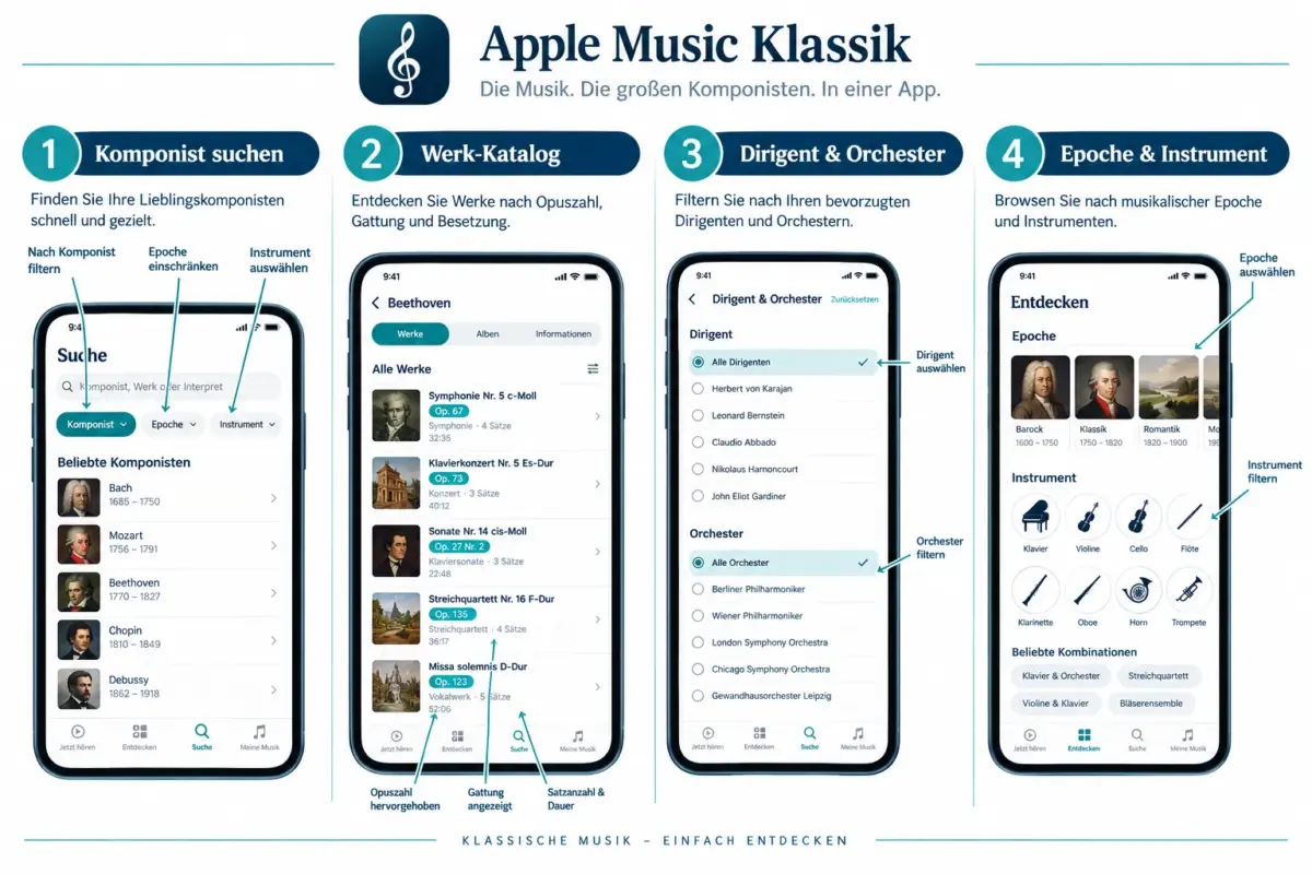 Apple Music Classical App 2026: Navigation, Suche und versteckte Funktionen für anspruchsvolle Hörer 1 Wie navigiert man die Apple Music Classical App-Oberfläche?