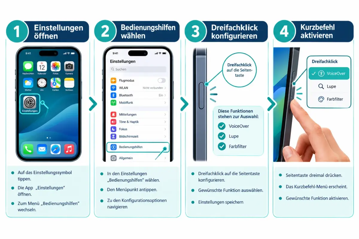 So passt du iOS-Bedienungshilfen-Kurzbefehle an: Dreifachklick, Back Tap und Aktions-Kombis für schnellere Nutzung 1 Wie richtet man den Dreifachklick auf dem iPhone ein?