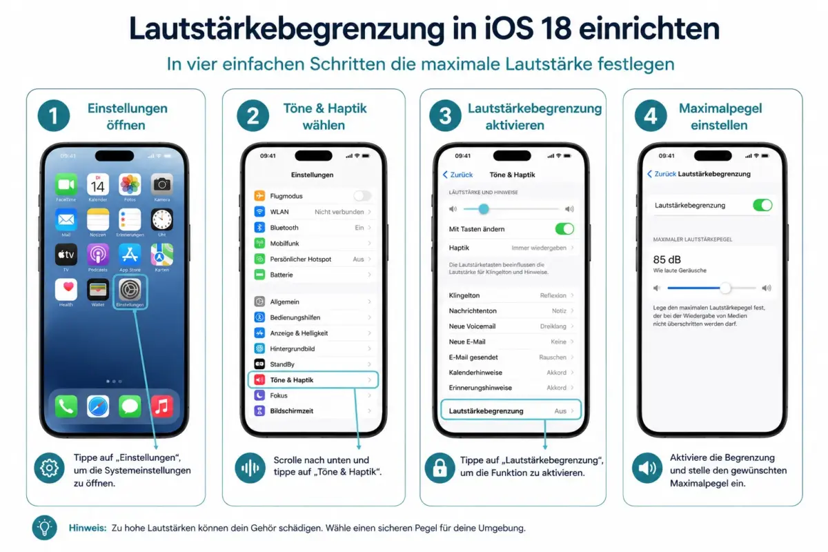 iOS 18 Lautstärkebegrenzung und Sperrbildschirm-Regler: Gehör schützen 1 Wie richtet man die Lautstärkebegrenzung auf dem iPhone ein?