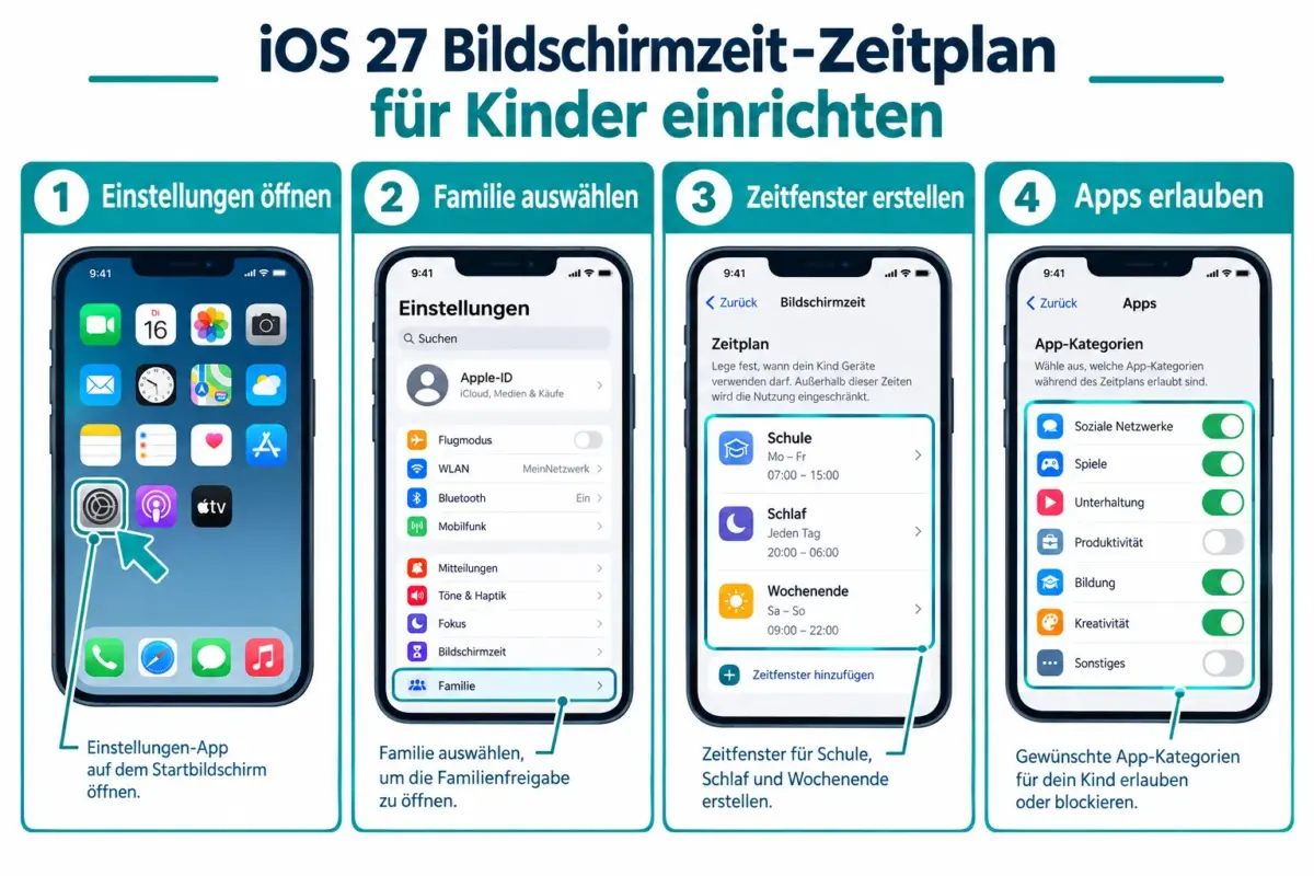 iOS 27 Bildschirmzeit-Zeitpläne für Kinder: Schule, Schlaf und Wochenende getrennt begrenzen 1 Wie richtet man separate Limits für Schule, Schlaf und Wochenende ein?