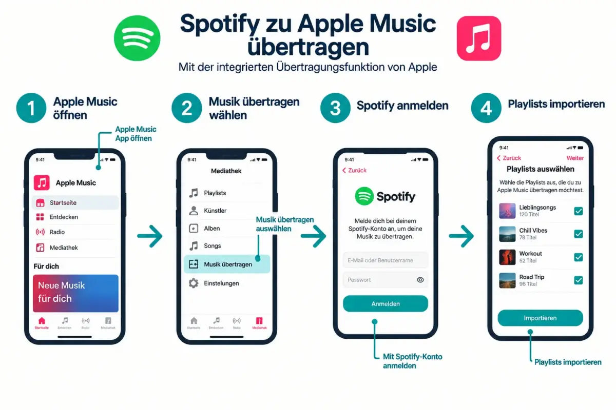 Spotify-Playlists zu Apple Music übertragen, ohne die Bibliothek neu aufzubauen 1 Wie überträgt man Spotify-Playlists zu Apple Music ohne die Bibliothek neu aufzubauen, Schritt für Schritt