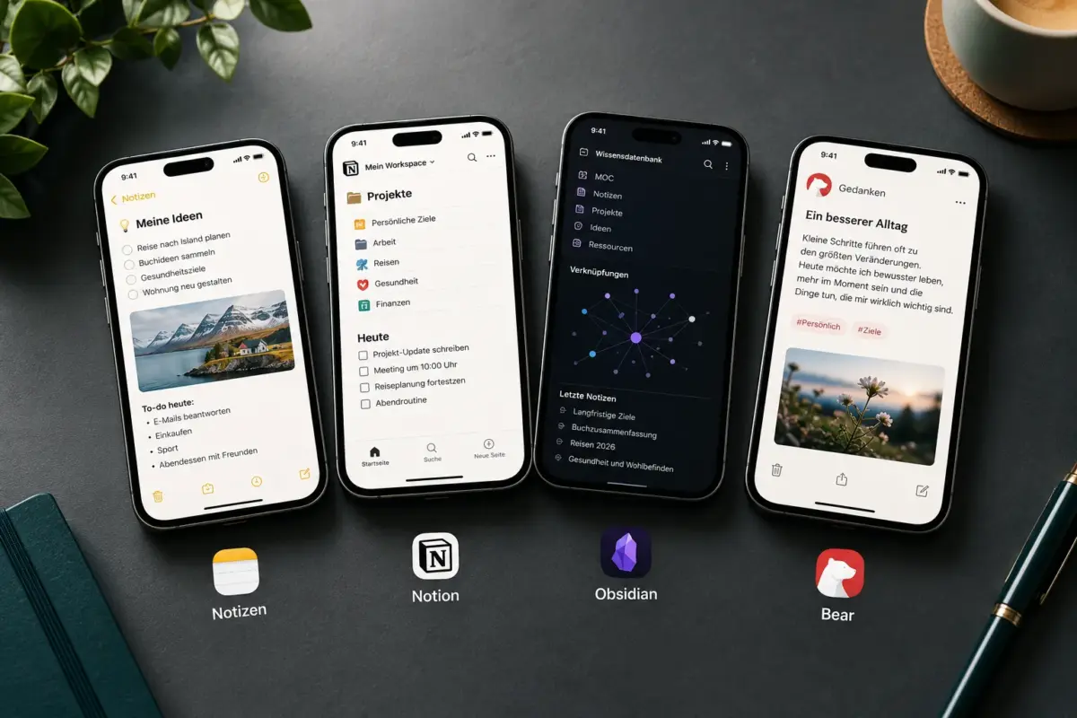 Beste iPhone-Notiz-Apps 2026: Apple Notizen, Notion, Obsidian & Bear im Vergleich 1 Editorial studio flat-lay hero image , four iPhones arranged in a clean arc on a matte slate-gray surface, each screen