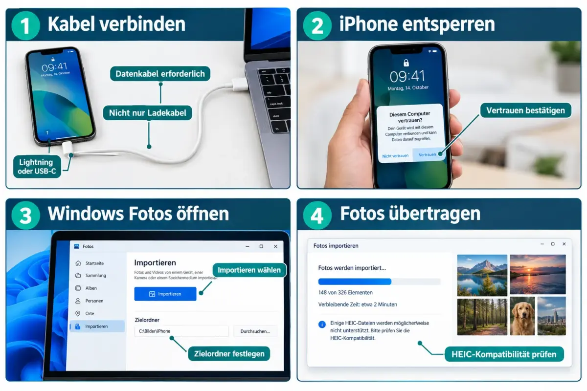 Fotos vom iPhone auf den PC übertragen ohne iCloud: USB, Windows Fotos, Datei-Explorer und WLAN 1 Fotos vom iPhone per USB-Kabel auf den Windows-PC übertragen