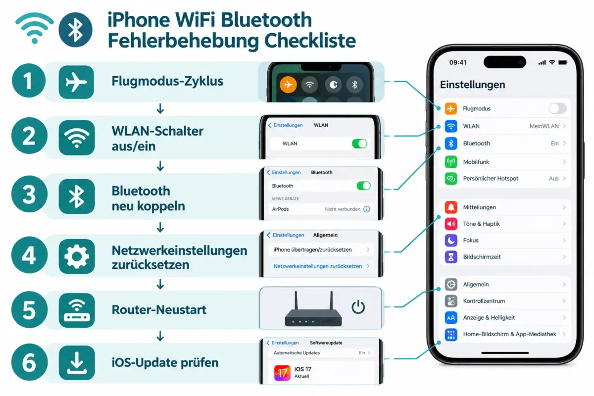 iPhone WLAN und Bluetooth funktionieren nicht: Die Netzwerk-Checkliste zur Fehlerbehebung 1 WLAN und Bluetooth am iPhone: Schritt-für-Schritt-Checkliste nach Symptom