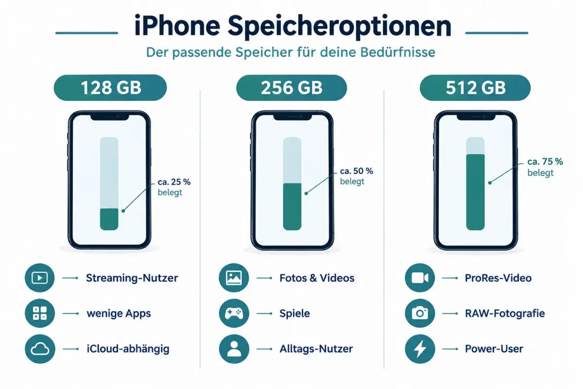 Beste iPhone-Speichergröße: Reichen 128GB, 256GB oder 512GB für Fotos, Videos und Spiele? 1 Was ist der Unterschied zwischen 128GB, 256GB und 512GB iPhone-Speicher?