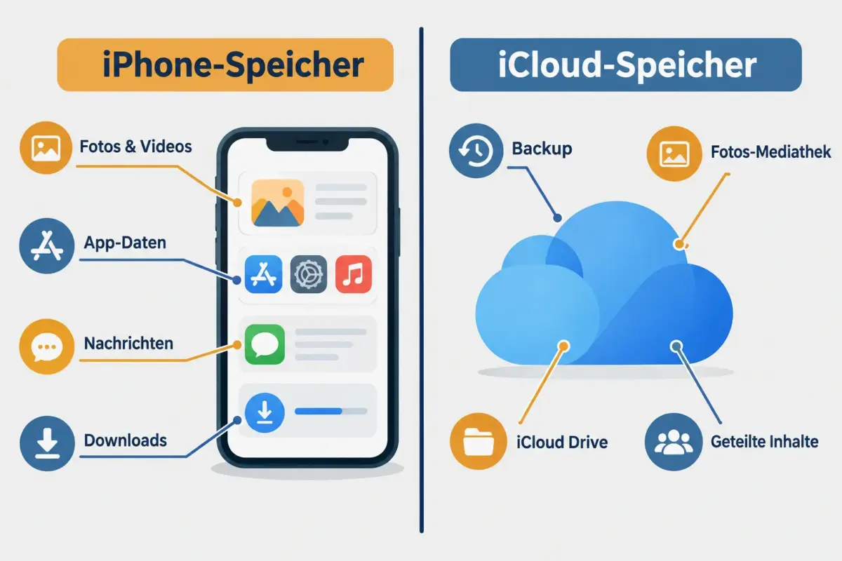 iPhone-Speicher voll beheben: Ein sicherer Bereinigungsplan für Fotos, Nachrichten, Downloads und App-Daten 2 Was ist der Unterschied zwischen iPhone-Speicher und iCloud-Speicher?