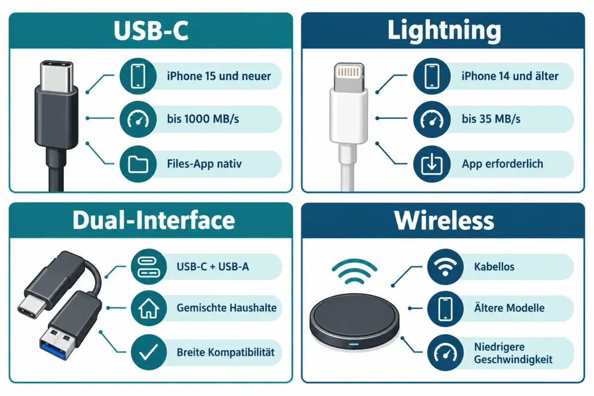 Die besten iPhone Flash Drives 2026: USB-C, Lightning und App-Einschränkungen 1 Was ist der Unterschied zwischen USB-C- und Lightning-iPhone-Flash-Drives?