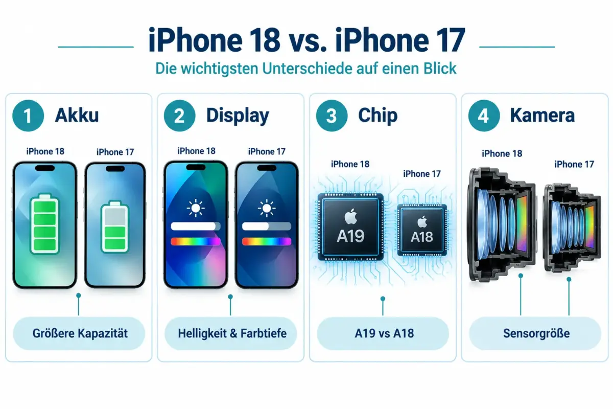 iPhone 18 vs iPhone 17: Welches Modell ist das bessere Upgrade bei Akku, Display und Alltagsleistung? 1 Was sind die wichtigsten Unterschiede zwischen iPhone 18 und iPhone 17?