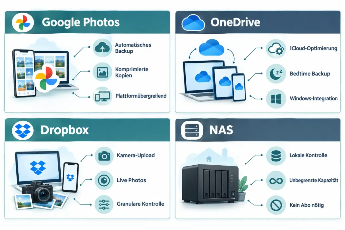 iPhone-Fotos ohne iCloud sichern: Google Photos, OneDrive, Dropbox und NAS im Vergleich 1 Was unterscheidet Google Photos von iCloud bei der iPhone-Sicherung?
