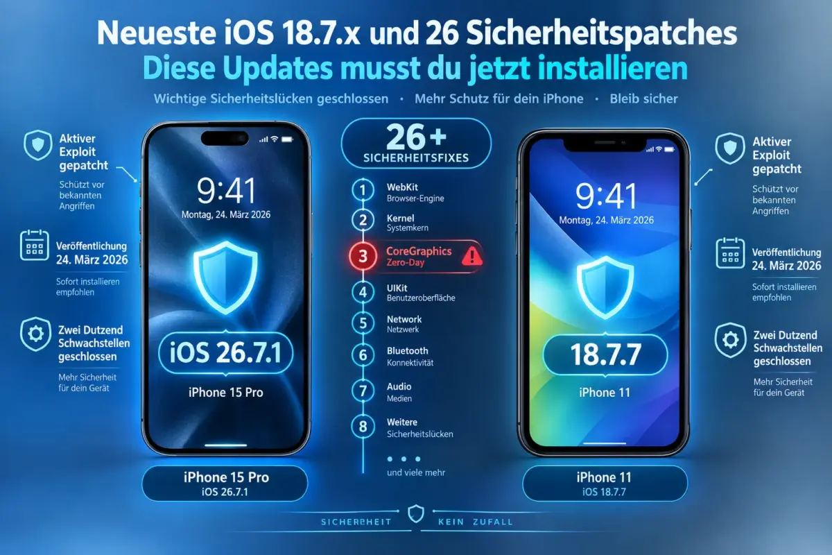 iOS 18.7.x und iOS 26: Diese Sicherheitsupdates müssen Sie jetzt installieren 2 Welche Sicherheitsprobleme beheben die Patches in iOS 18.7.x und iOS 26?