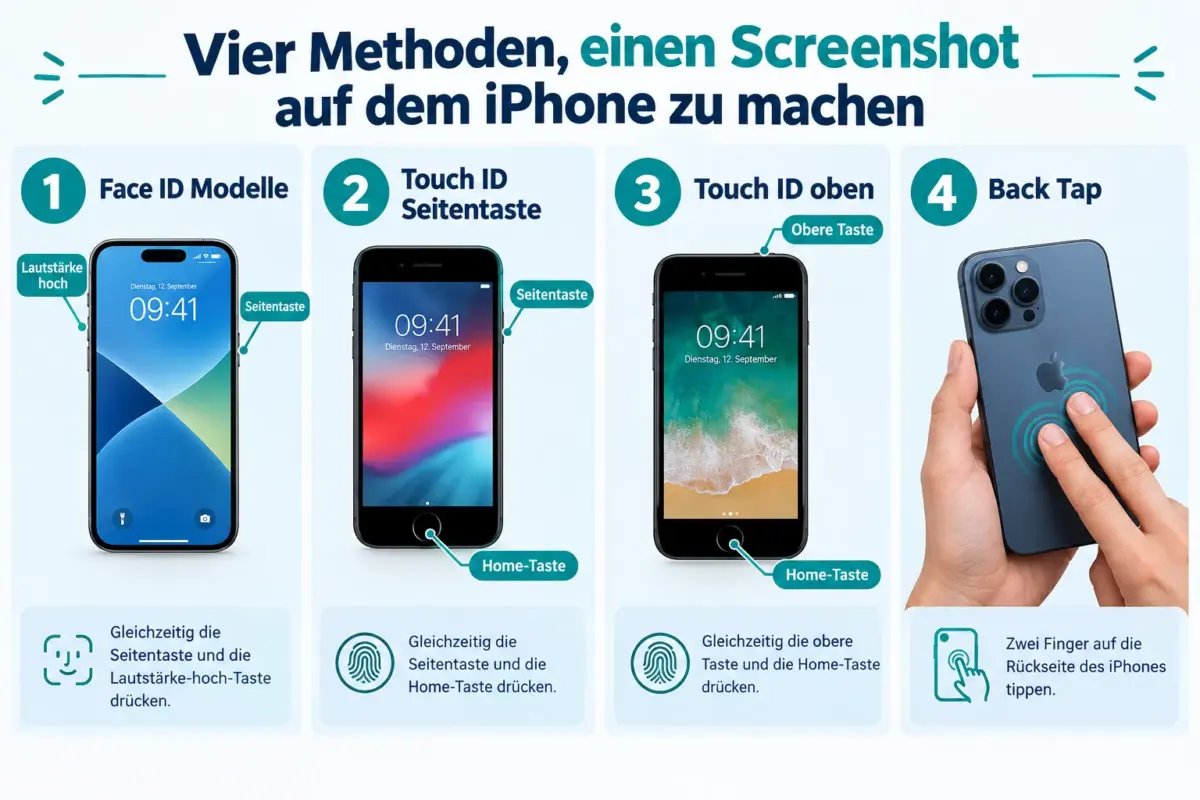 Screenshot auf dem iPhone machen: Tasten, Back Tap, Vollseiten-Screenshots und Markup 1 Welche Tastenkombination gilt für welches iPhone-Modell