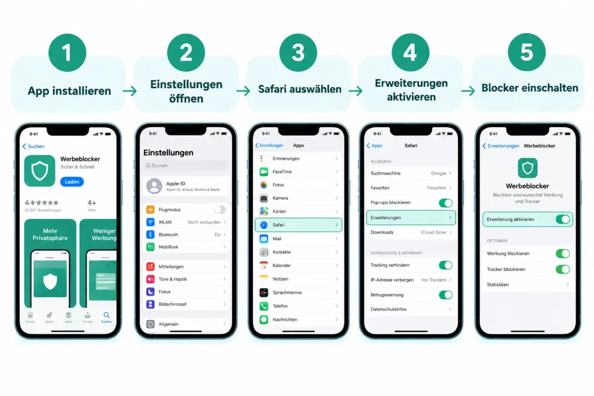 Die besten iPhone-Werbeblocker für Safari: Content-Blocking, Datenschutz, Akkulaufzeit und Einrichtung im Vergleich 2 Werbeblocker für Safari auf dem iPhone einrichten: Schritt für Schritt