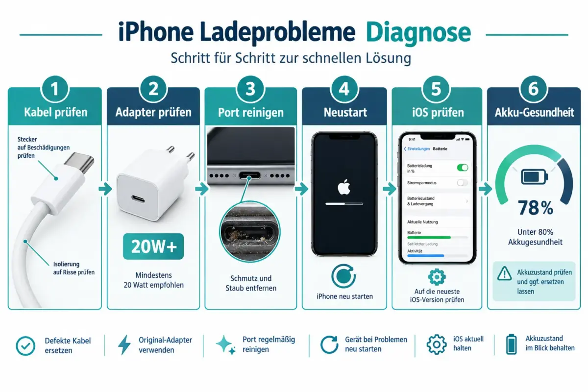 iPhone Ladeprobleme beheben: Schritt-für-Schritt gegen langsames Laden, USB-C-Fehler und kein Laden 1 Wie behebt man, dass das iPhone gar nicht mehr lädt?