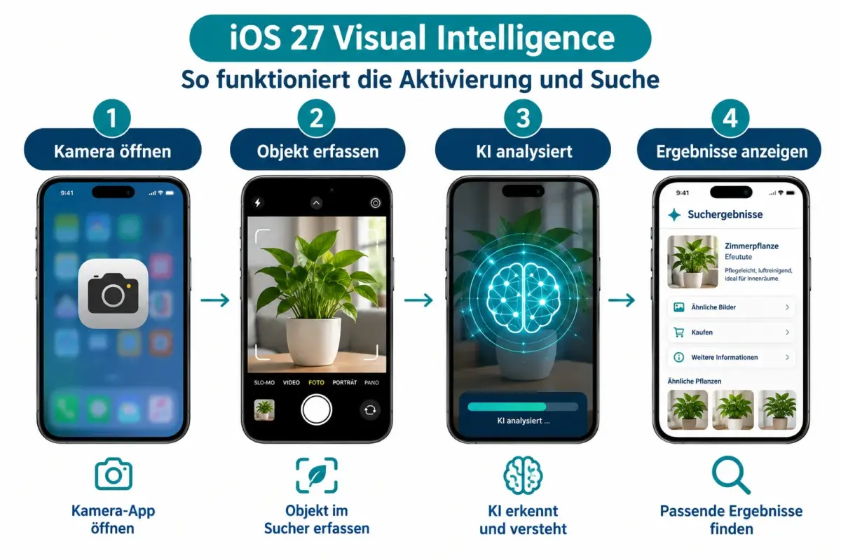 iOS 27 Visual Intelligence auf dem iPhone: Unterstützte Modelle, Suchfunktionen und Datenschutz 1 Wie funktioniert die Visuelle Suche mit iOS 27 Visual Intelligence?