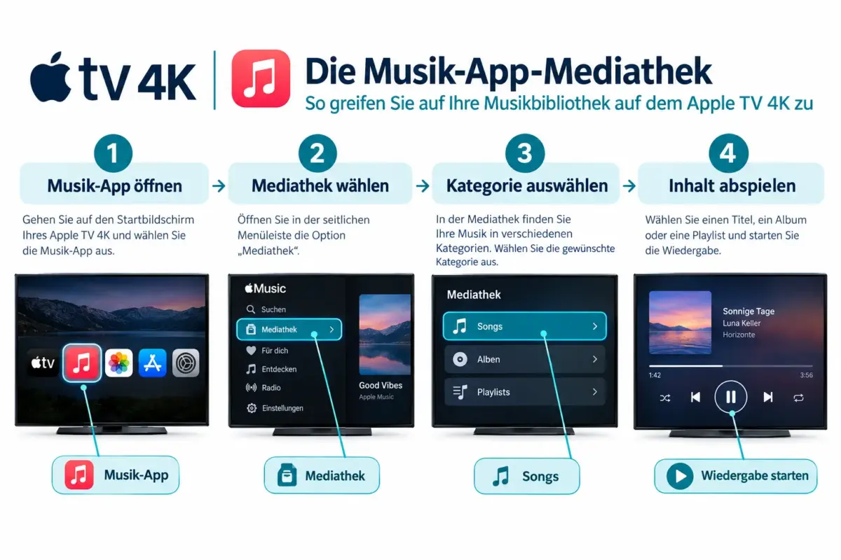 Apple TV 4K Music App: Mediathek, Playlists, Radio & Musikvideos 1 Wie greift man auf die Mediathek auf dem Apple TV 4K zu?