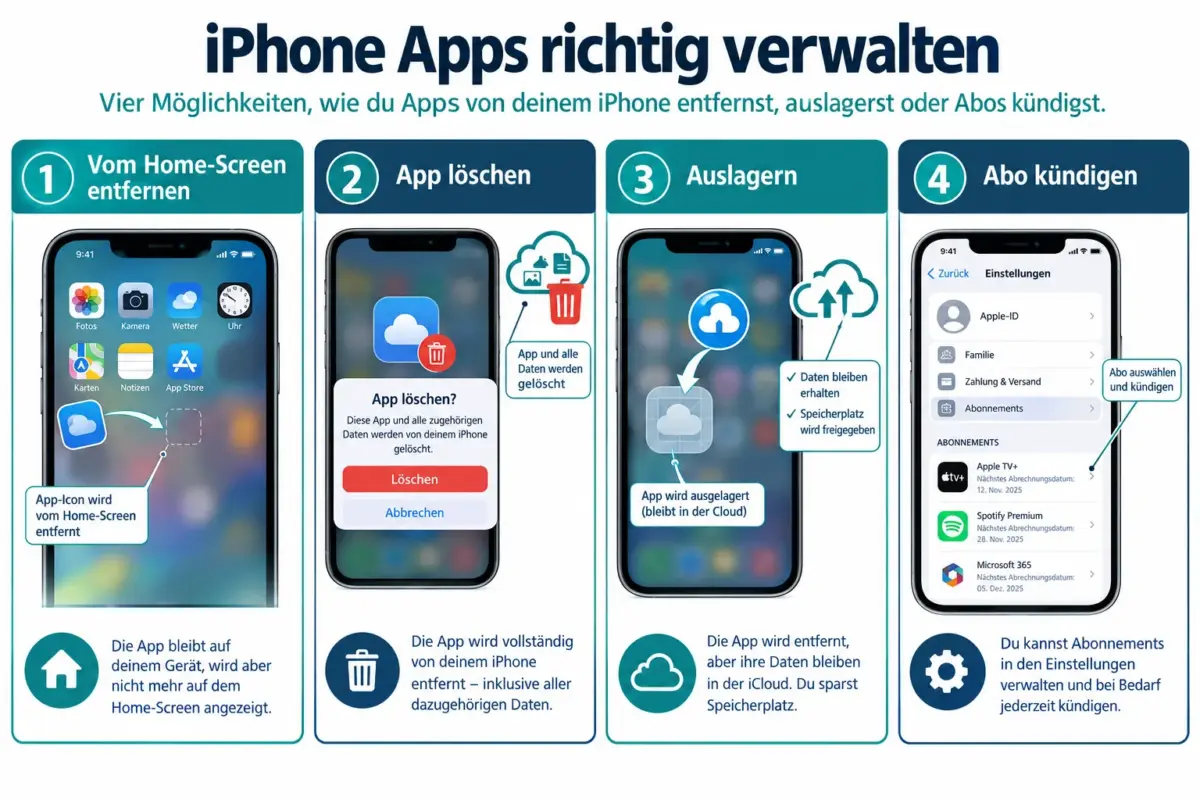 Apps auf dem iPhone vollständig löschen: Home-Screen, App-Mediathek, Auslagern und Abos 1 Wie lösche ich eine App dauerhaft vom iPhone?
