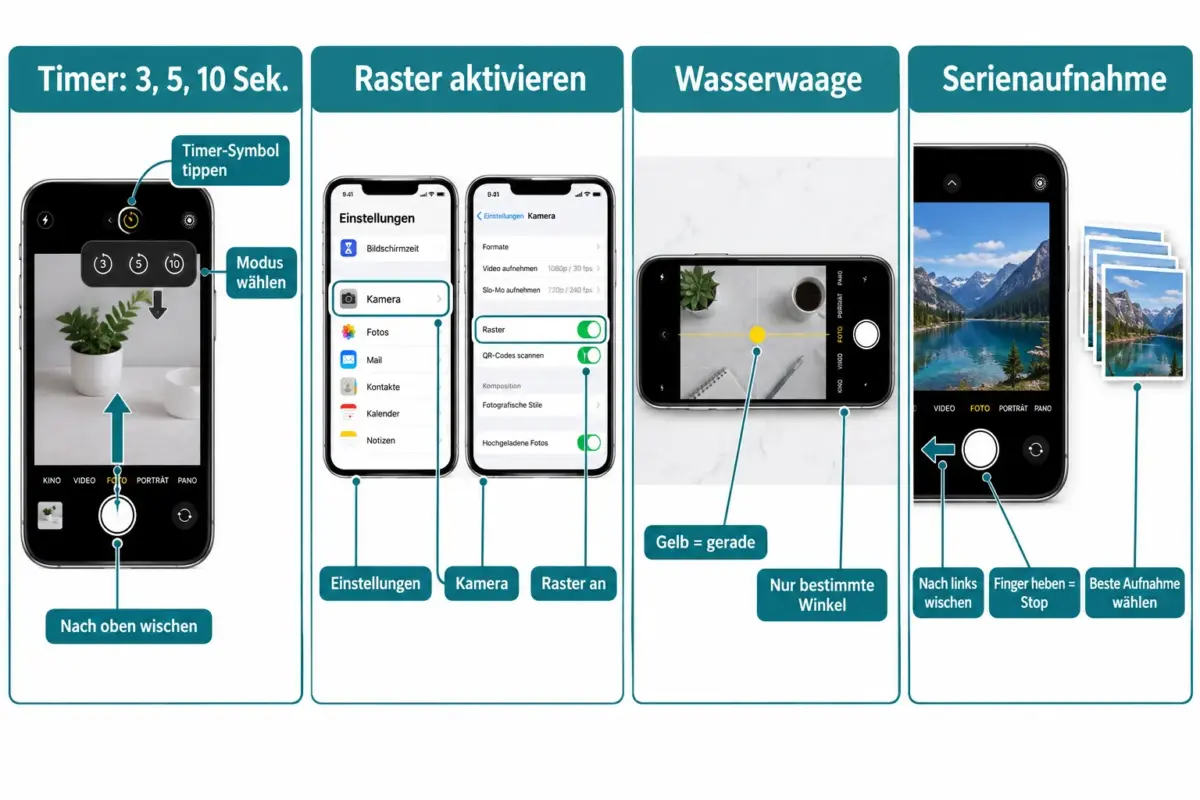 iPhone-Timer, Raster, Wasserwaage und Burst-Modus: Versteckte Einstellungen für bessere Alltagsfotos 1 Wie man auf versteckte Kamerafunktionen des iPhones zugreift