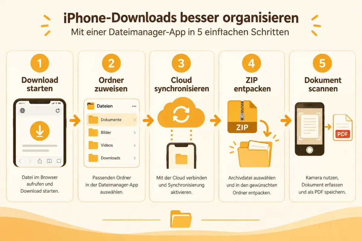 Die besten iPhone-Dateimanager-Apps 2026: Files-Alternativen für Downloads, Cloud-Speicher, ZIP-Dateien und Dokumentenscans 2 Wie organisiert man Downloads auf dem iPhone mit einem Dateimanager?